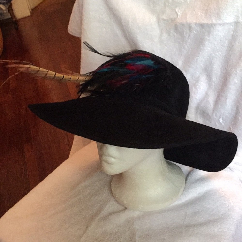 Black Launcelot Floppy bucket Hat Velour Feathers Size 7